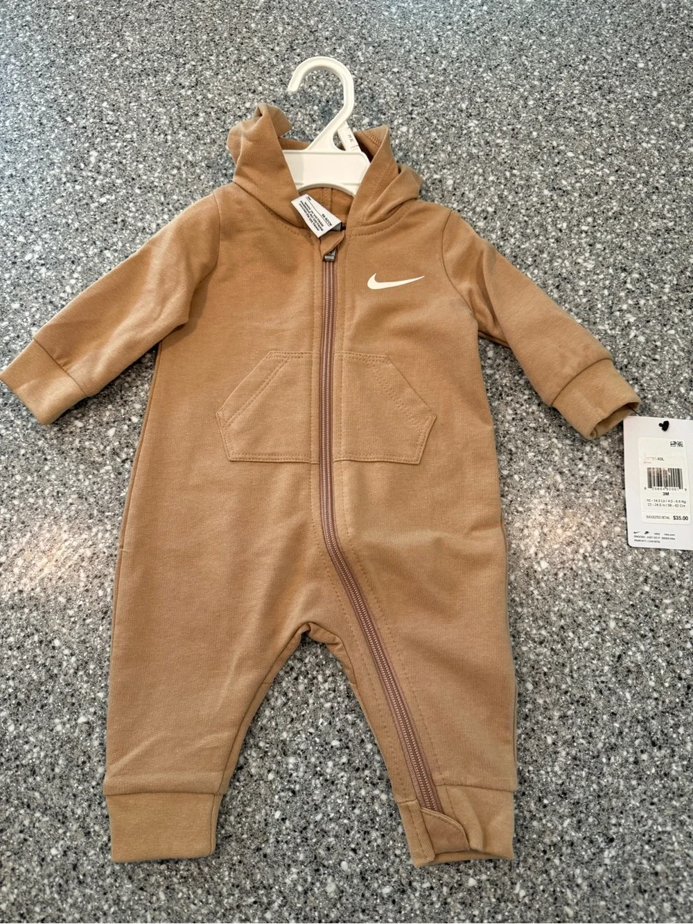 Nike Tan Hooded Baby One-Piece Zip Romper